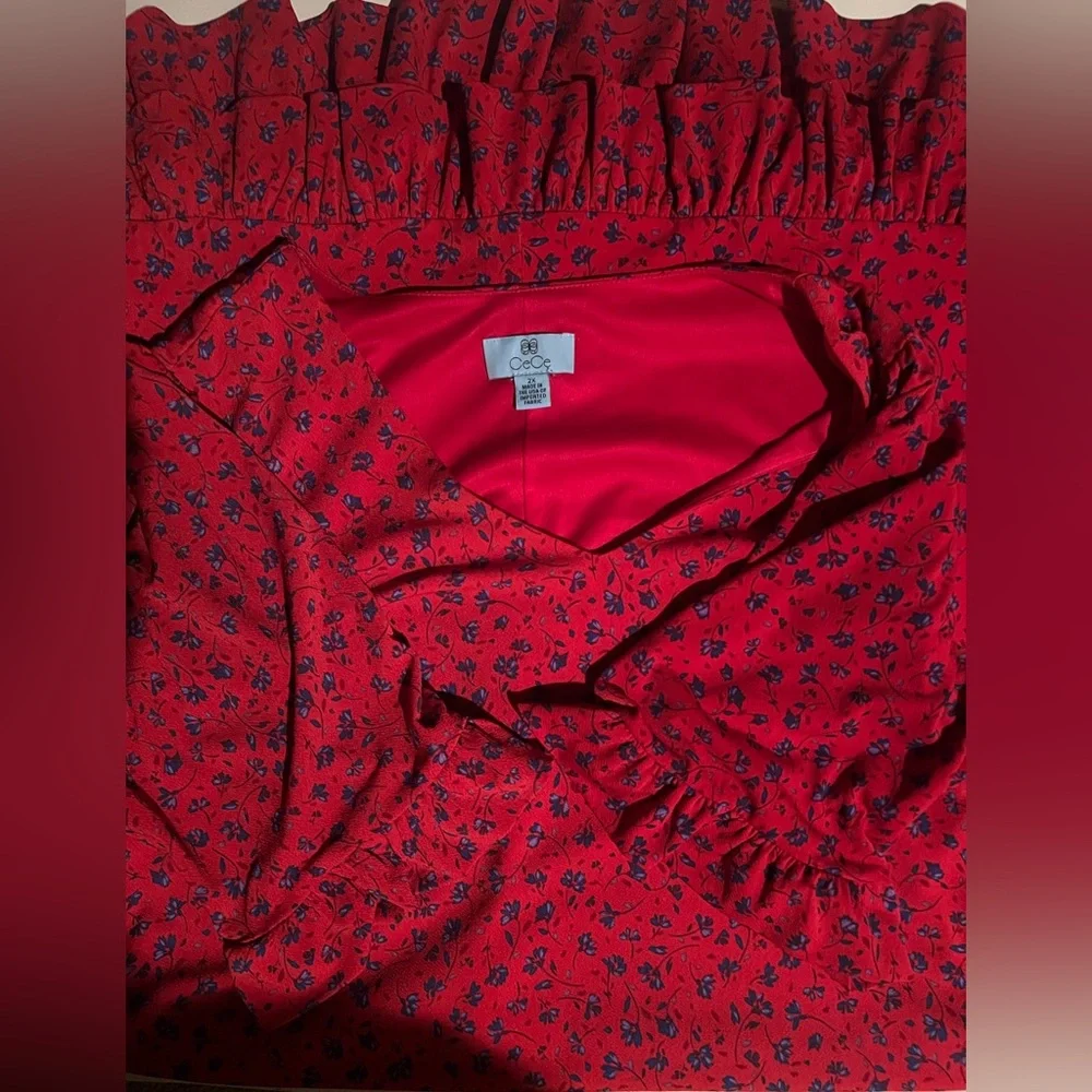 CeCe Size 2X Red Dress with Floral Print, Ruffled Bottom and Sleeves, Breezy - Picture 5 of 7